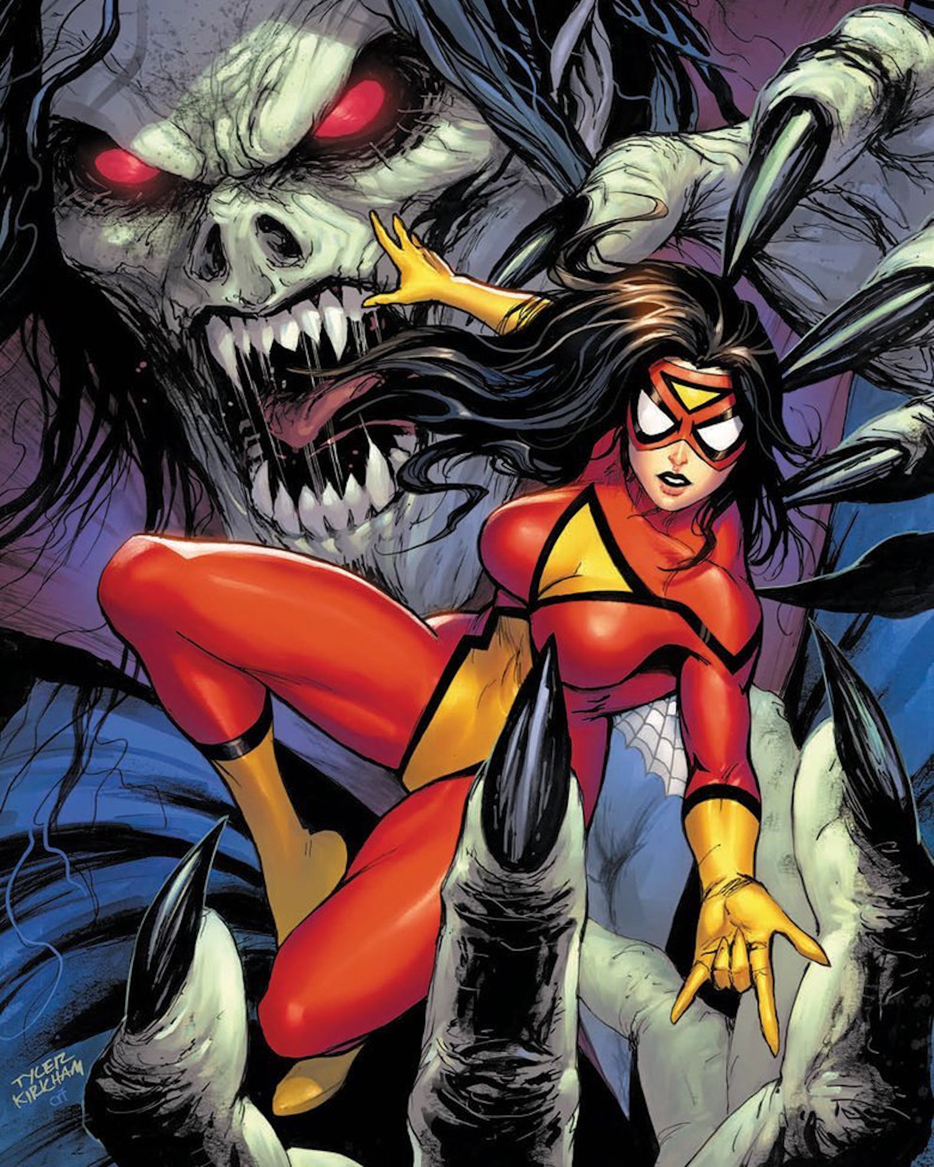 This image shows Spider-Woman in the middle of fighting an enemy. The sexist comic book cover illustration is very revealing and overly sexualizes the character.