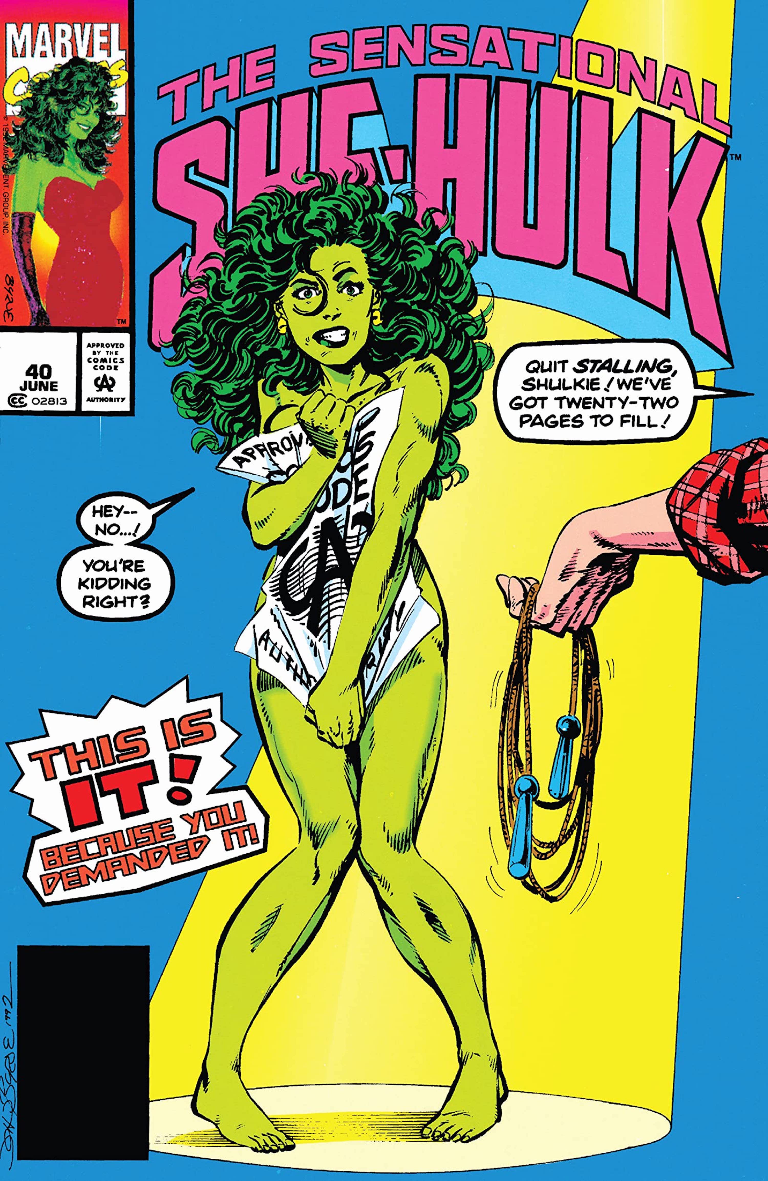 This is one of the comic book covers of The Sensational She-Hulk #40 (1989-1994), where She-Hulk can be seen humiliated and covering her naked body with a newspaper. 