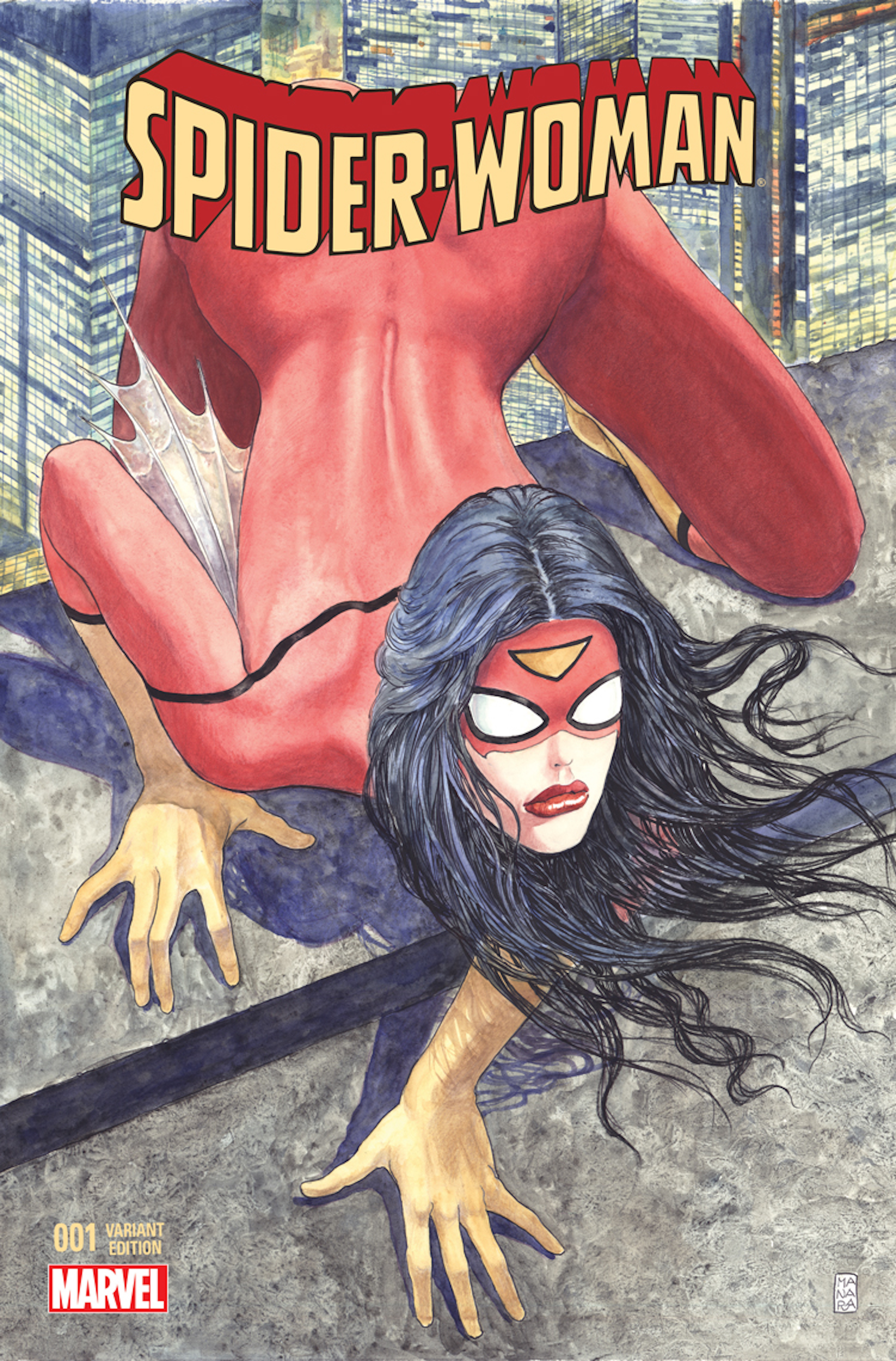 This image is the cover of Spider-Woman #1 (2014), and shows Spider-Woman scaling a building in a sexist crouch. 