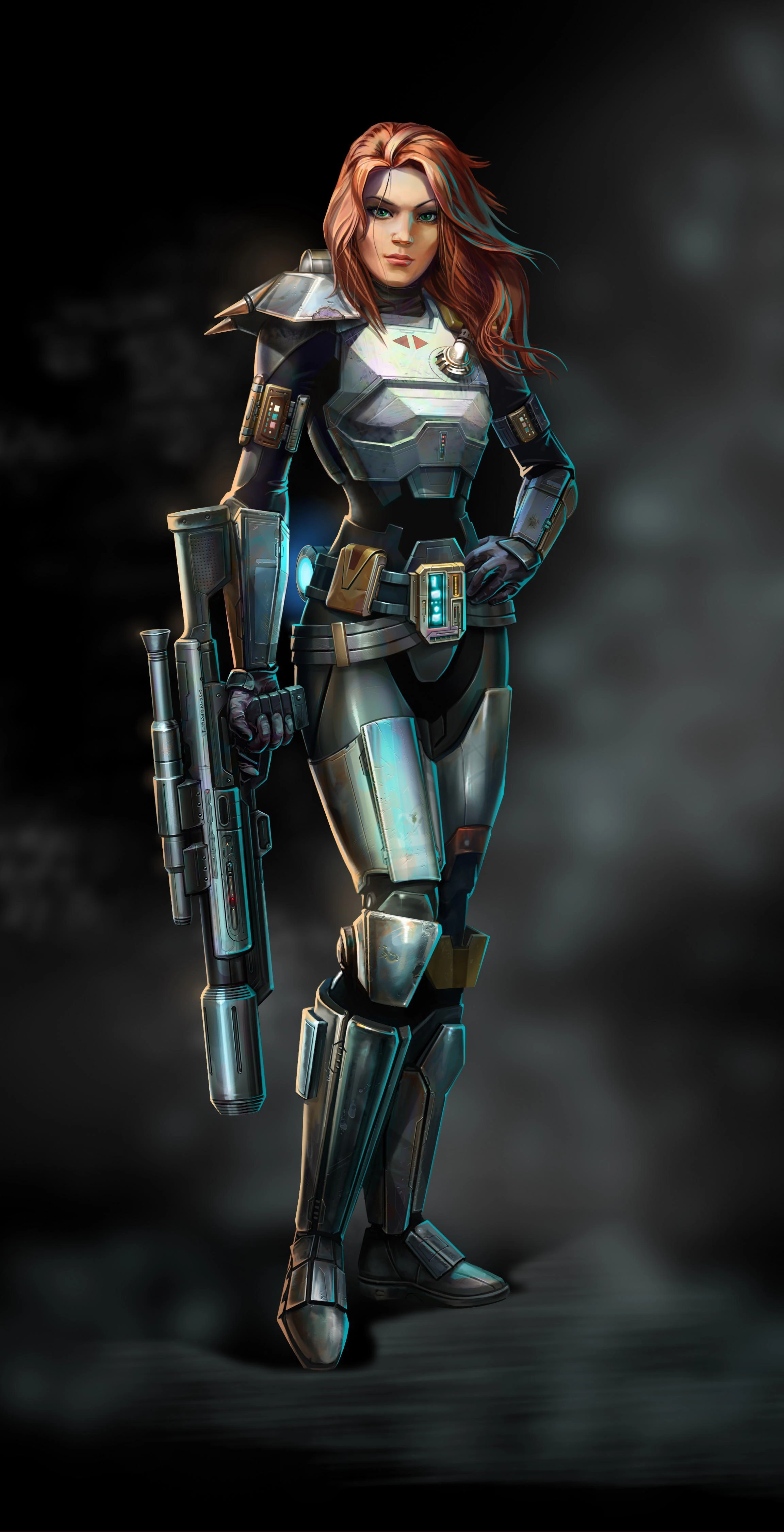 The original concept art for the Bounty Hunter Class which would become Shae Vizla. "Star Wars: The Old Republic." (PC) Developed by bioware. published by Electronic Arts. 2022.