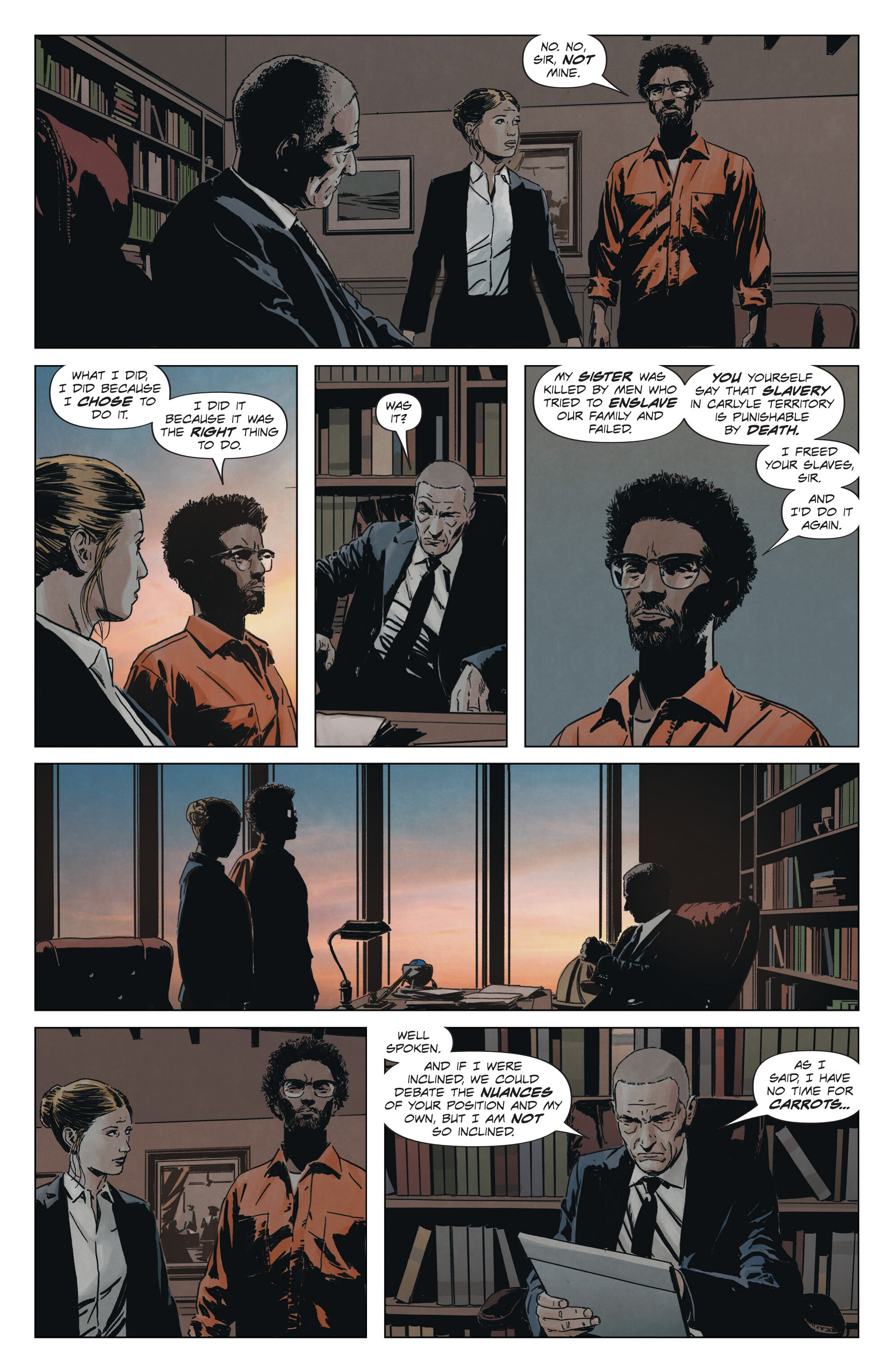 Michael Barret stands up to Malcolm Carlyle in Lazarus: Fallen #1